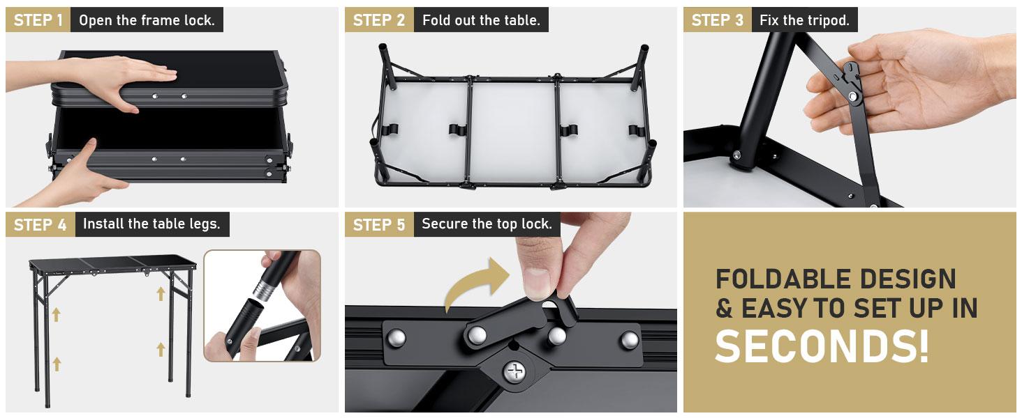 Anbte 3ft Tri-fold Camping Table Max 29.5", 3 Adjustable Heights Aluminum Folding Camping Table with Storage Bag, Lightweight, Portable Handle for Travel Outdoor Beach Picnic, 35" x 16", Black