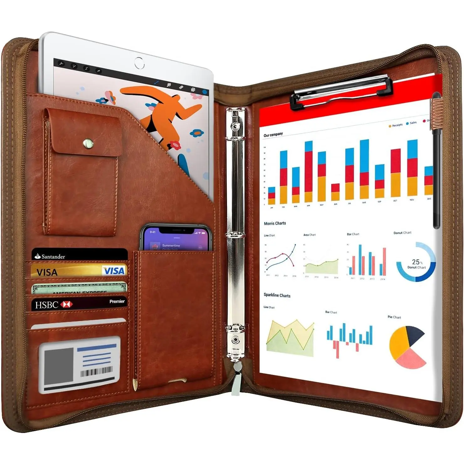Zippered Portfolio Organizer, Leather Padfolio with 3 Ring Binder, Professional Business Binder, Organizer for IPad/Document, Phone & Business Cards, Office Gifts for Men or Women (Brown)