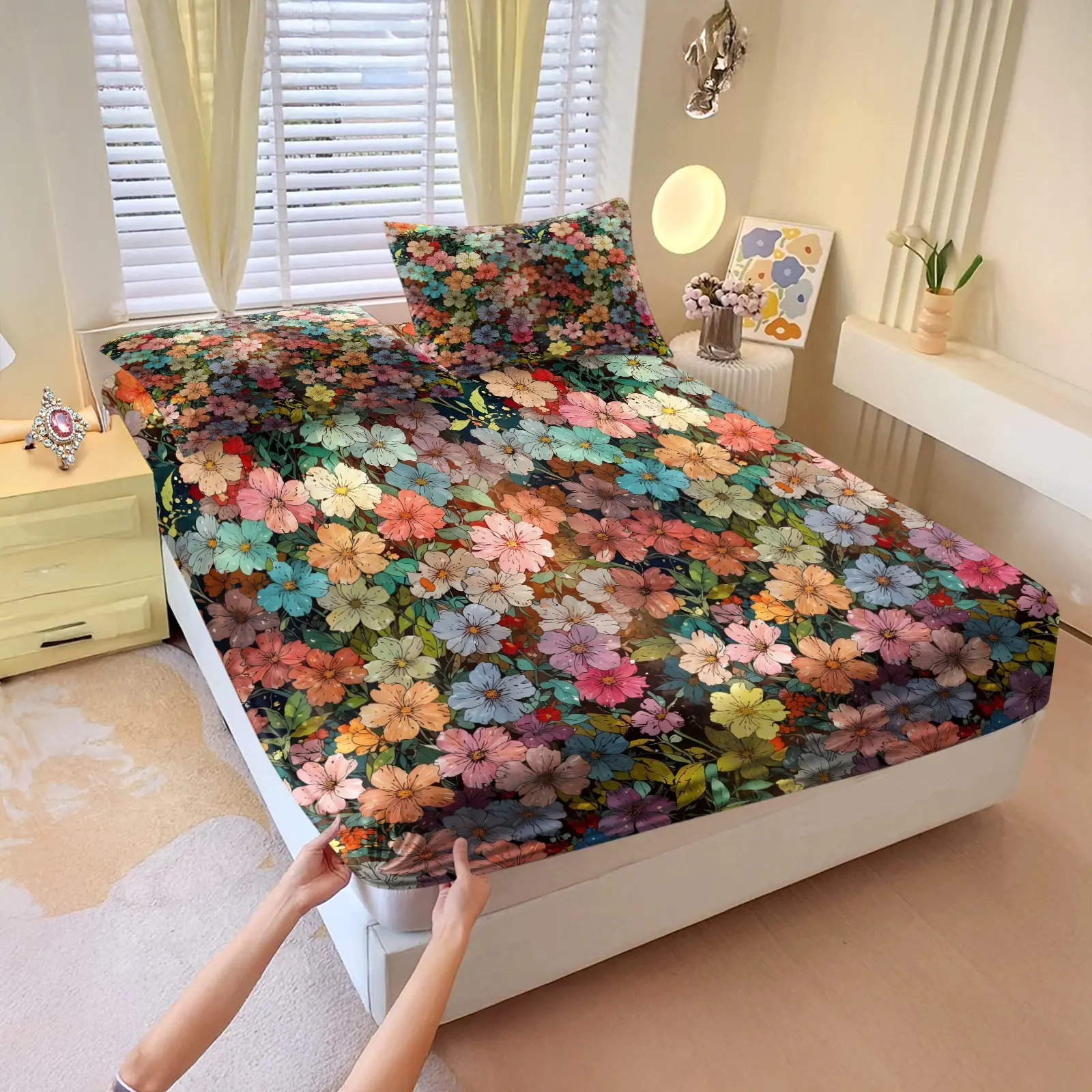 Vintage Watercolor Floral Fitted Sheet, Non-Slip Snug Fit Washable Durable, Fresh Print Mattress Dust Cover