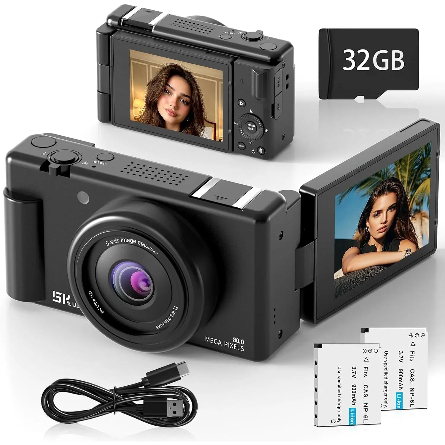 5K Digital Camera for Photography, 3" 270° Flip Screen Vlogging Camera for YouTube, 80MP Autofocus with 18X Digital Zoom, Compact Travel Camera for Beginners,2 , 32GB Card & Flash, Black