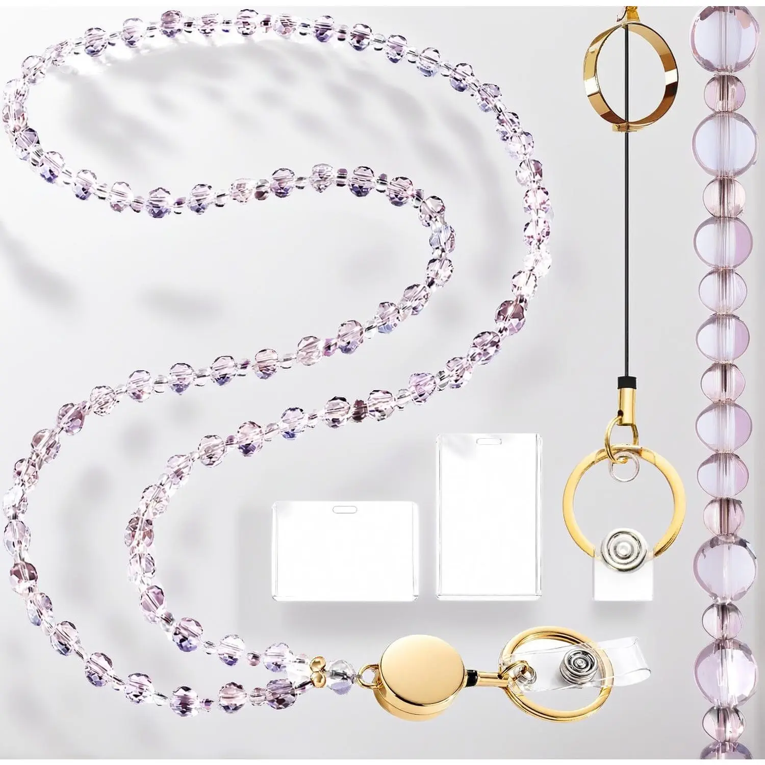 Crystal Flat Round Beaded Lanyard for ID Badges with 2Card Holders |   Badge Necklace with Breakaway Safety Clasp or Retractable Reel or Keychain for Teacher Gift, Women, Office Staff, Nurse