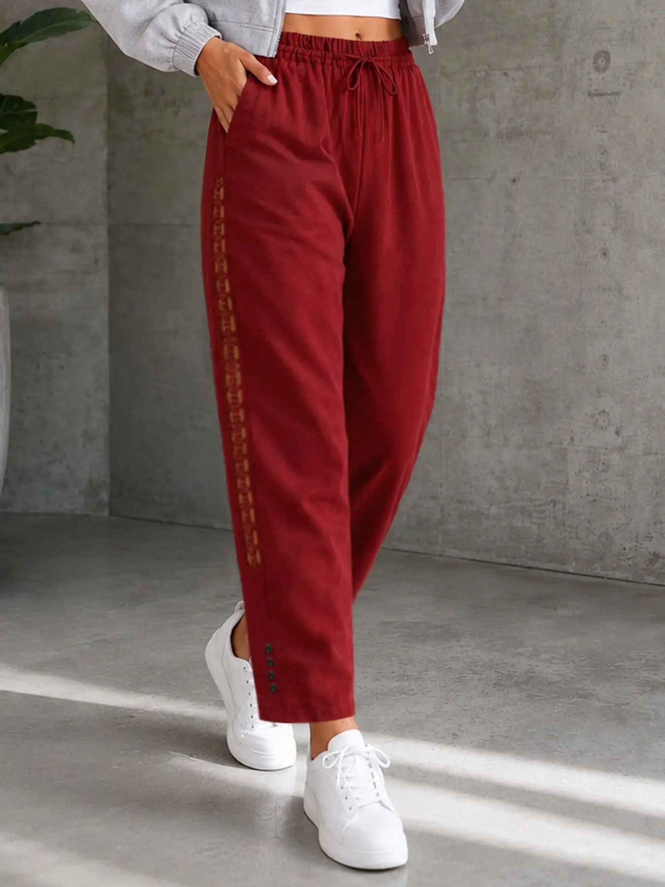 Women Burgundy Red Casual Pants High Waist Drawstring Waist Pocket Design Loose Fit Tapered Leg Street Style Vacation Outfit Easy Match