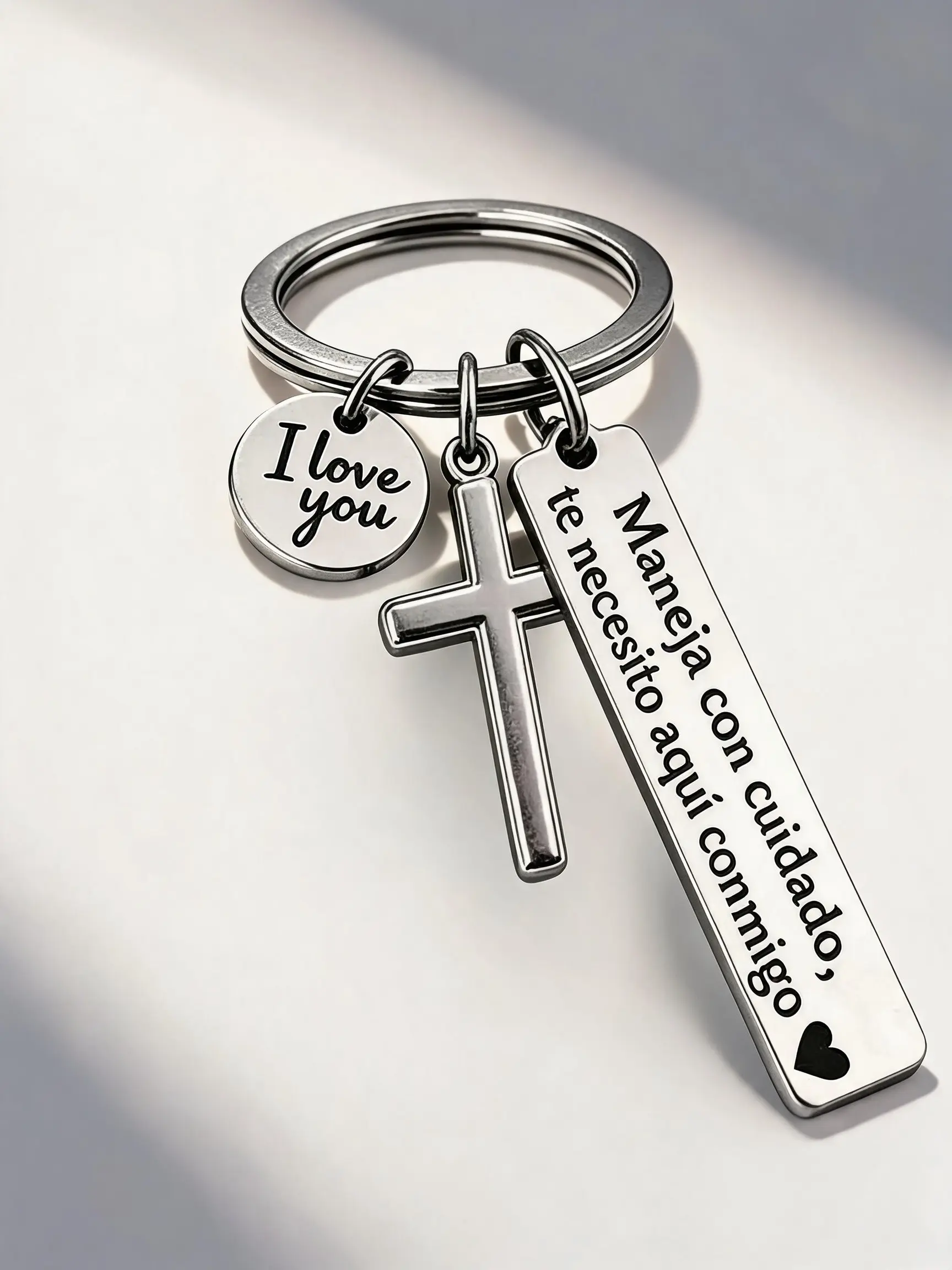 Drive Safe Keychain Spanish, Stainless Steel Keyring with Cross & I Love You Charm, Romantic Gift for Boyfriend, Girlfriend, Husband