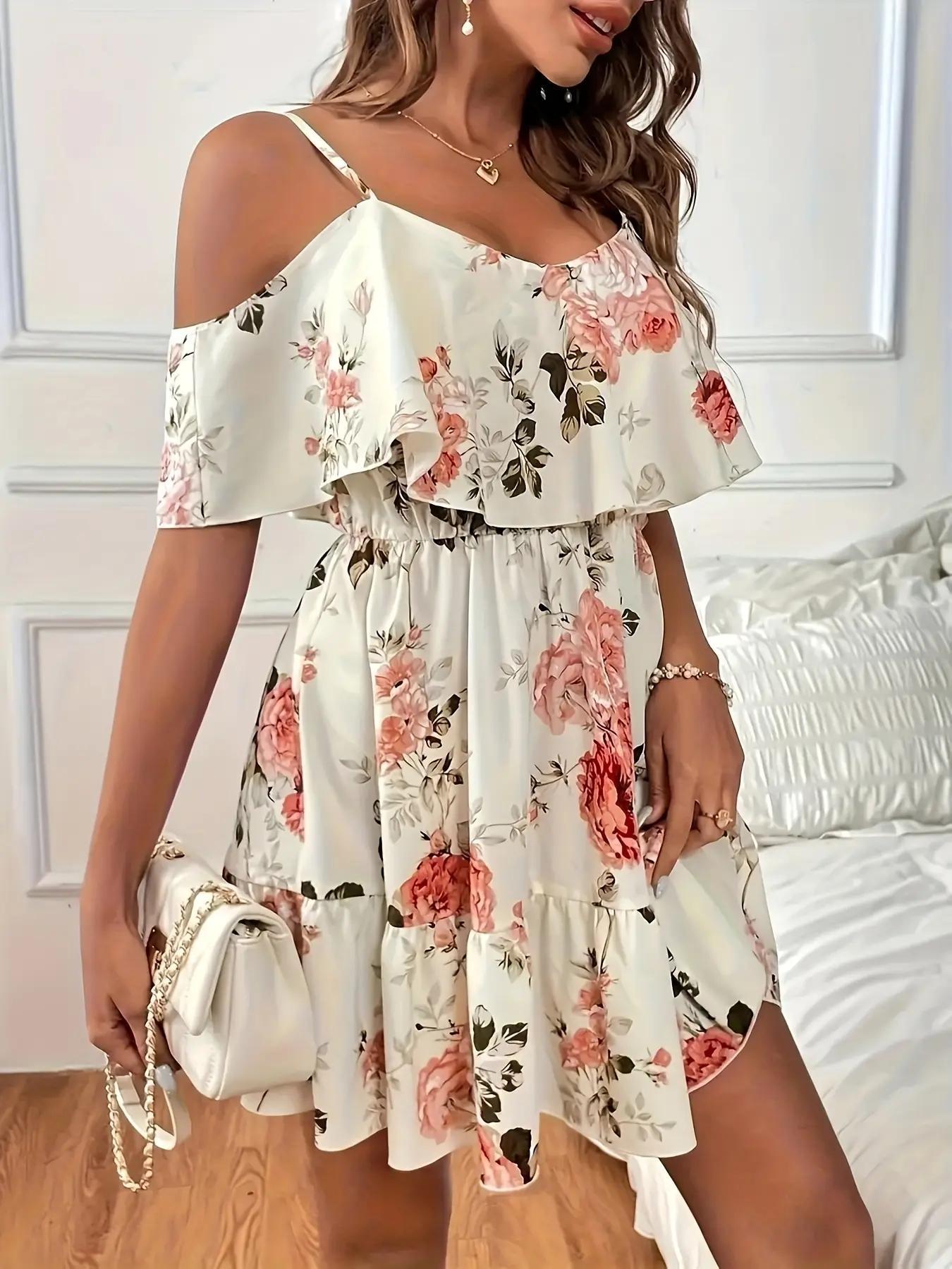Women's Summer Casual Fashion Backless Strapless Ditsy Floral Dress, Boho Vacation Style Slimming Fit, Short Sleeve Fitted Dress