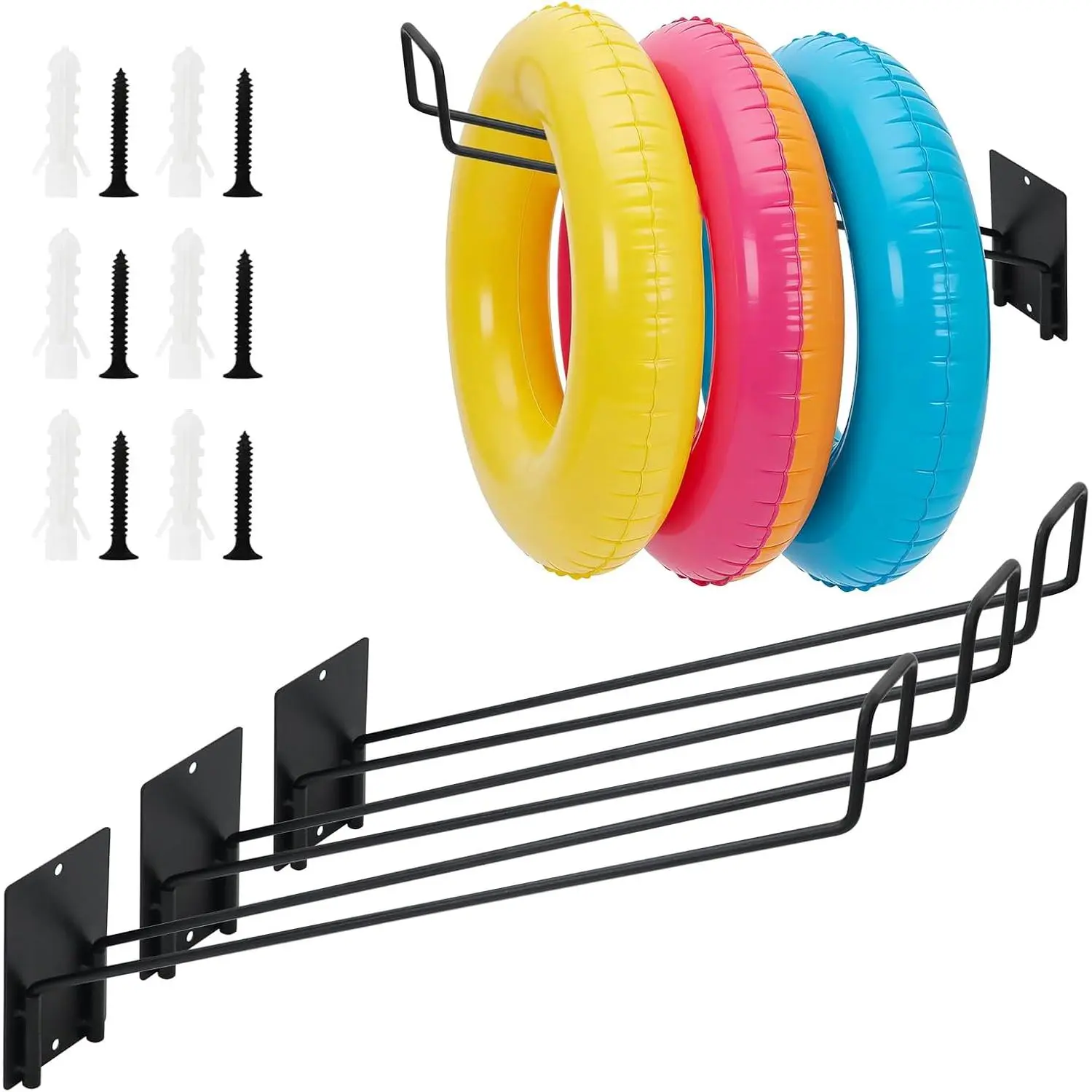 3 Pcs Wall Mount Pool Float Storage Rack - 16.5 Inch Organizer with Hangers for Swimming Rings, Towels, Tools - Space-Saving Indoor Outdoor Holder (Oblique Angle)