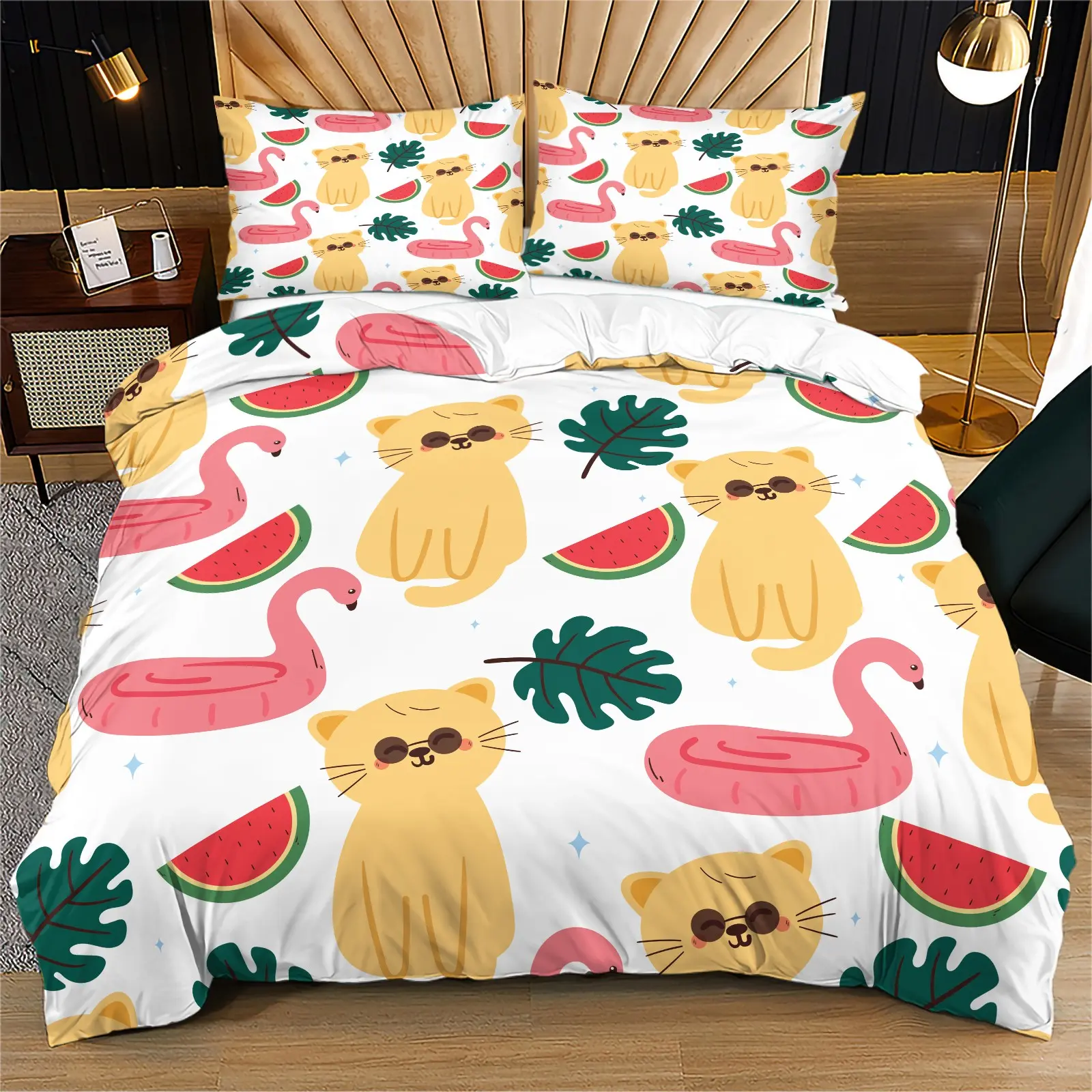 Cute Cartoon Yellow Cat Pink Flamingo Watermelon Print Duvet Cover Set, Summer Tropical Leaf Pattern Bedding Set, Soft Lightweight Breathable Machine Washable Bed Cover, Zipper Closure & Corner Fixing Ties, Includes 2 Pillowcases - without Core