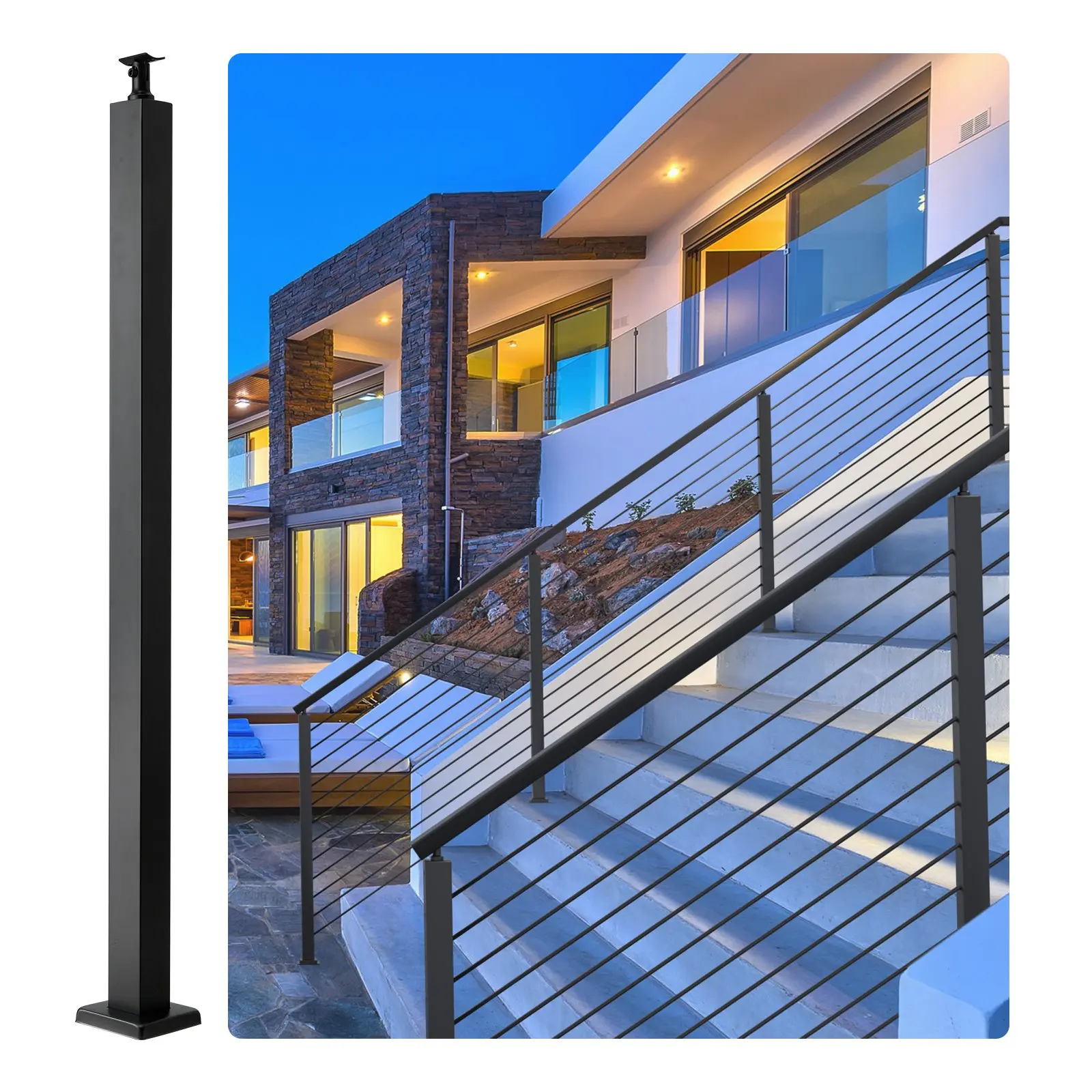 【DealsForYouDays】VEVOR Cable Railing Post, 42" x 2"x 2" Steel Level Deck Railing Post Without Holes, SUS304 Stainless Steel Cable Rail Post, Stair Handrail Post with Horizontal and Curved Bracket, 1-Pack, Black