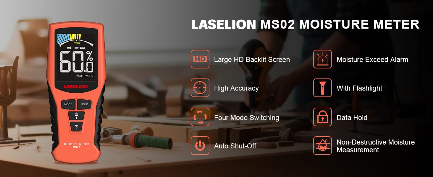 Pinless Moisture Meter MS02 Non-Destructive Wood Moisture Meter Detector with Large LCD Display, Batteries, 4 Modes for Wood, Firewood,Walls,Building Materials