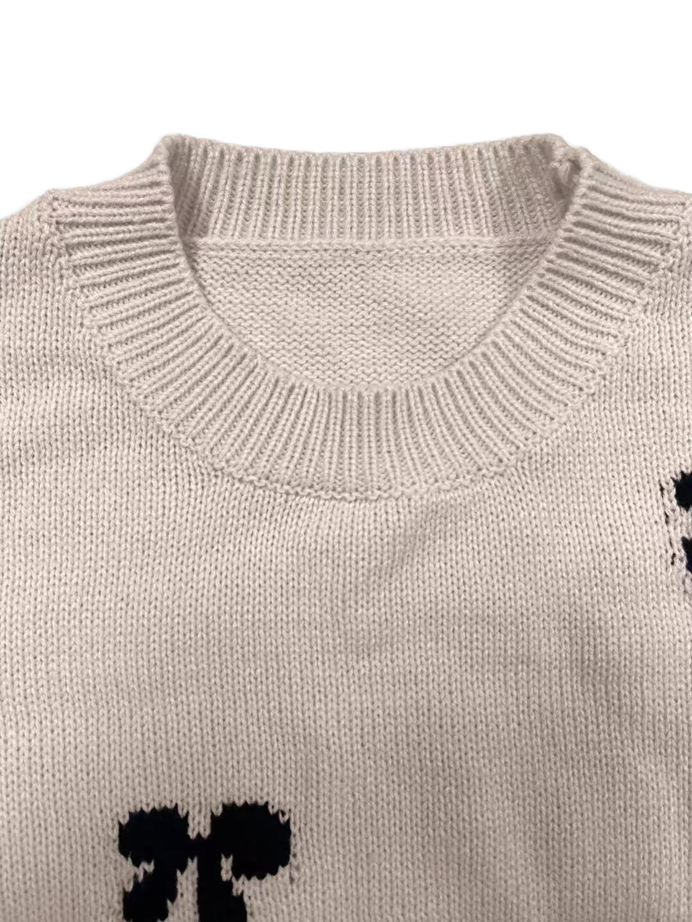Elegant Bow Pattern Knit Pullover Sweater, Fitted Chic Long Sleeve Round Neck Casual Top for Fall & Winter, Women's Fashion Daily Wear