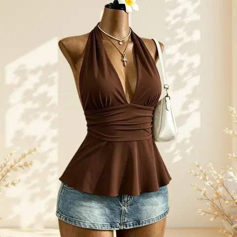 Vintage Halter Top, Deep V-Neck, Slim Fit, Solid Color, Ruffled Hem, Casual Daily Wear