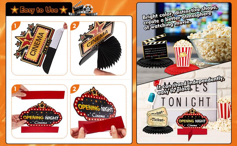 12 Pieces Movie Night Party Decorations Supplies Movie Theater Honeycomb Centerpiece 3D Microphone Ticket Star Video Paper Centerpiece Sign Table Decoration for Theater Birthday Party Favors