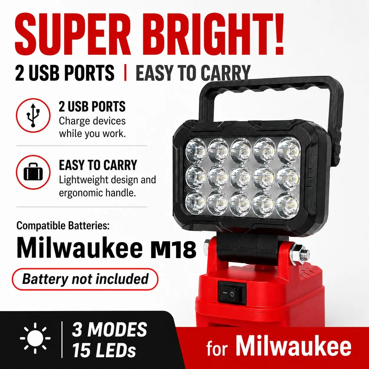 Wireless LED Work Light for Milwaukee 18v Battery, 12w Wide Beam Flood Light Flashlight, Dual USB Charging Ports, Ideal for Emergency, Workshop, Garage
