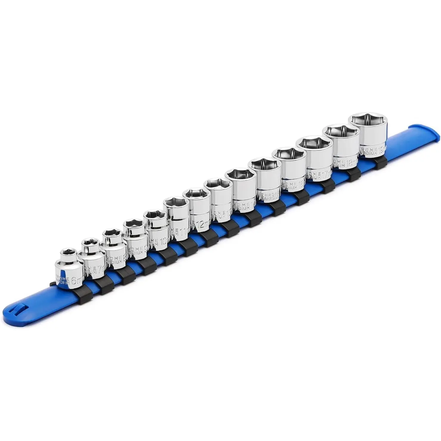 14 count 3/8" Drive 6 Point Stubby Socket Set, Metric, Mirror Chrome Finish, 6,7,8,9,10,11,12,13,14,15,16,17,18,19mm