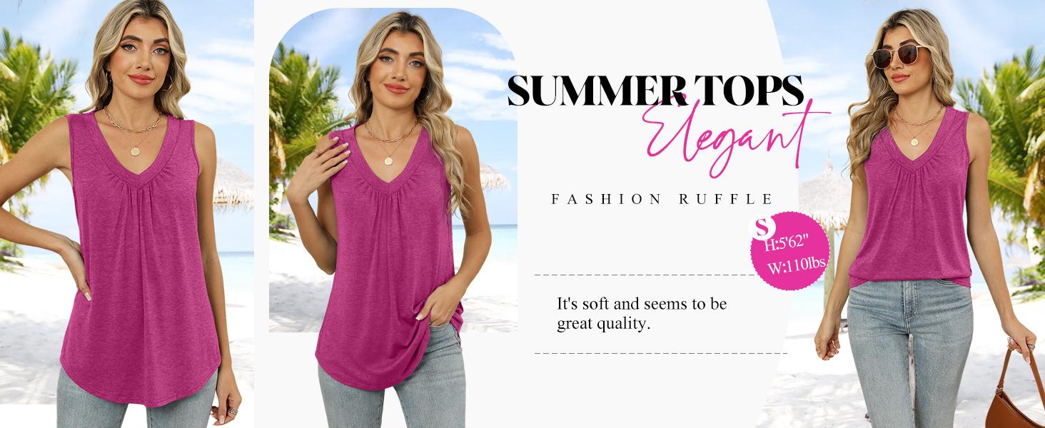 WIHOLL Tank Top for Women Loose Fit Sleeveless Shirts V Neck Summer Clothes Ruched Women's Tees and Tanks Curved Hem SpringStatements