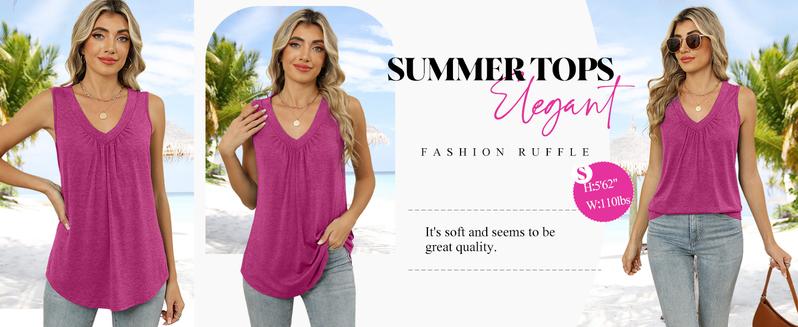 WIHOLL Tank Top for Women Loose Fit Sleeveless Shirts V Neck Summer Clothes Ruched Women's Tees and Tanks Curved Hem