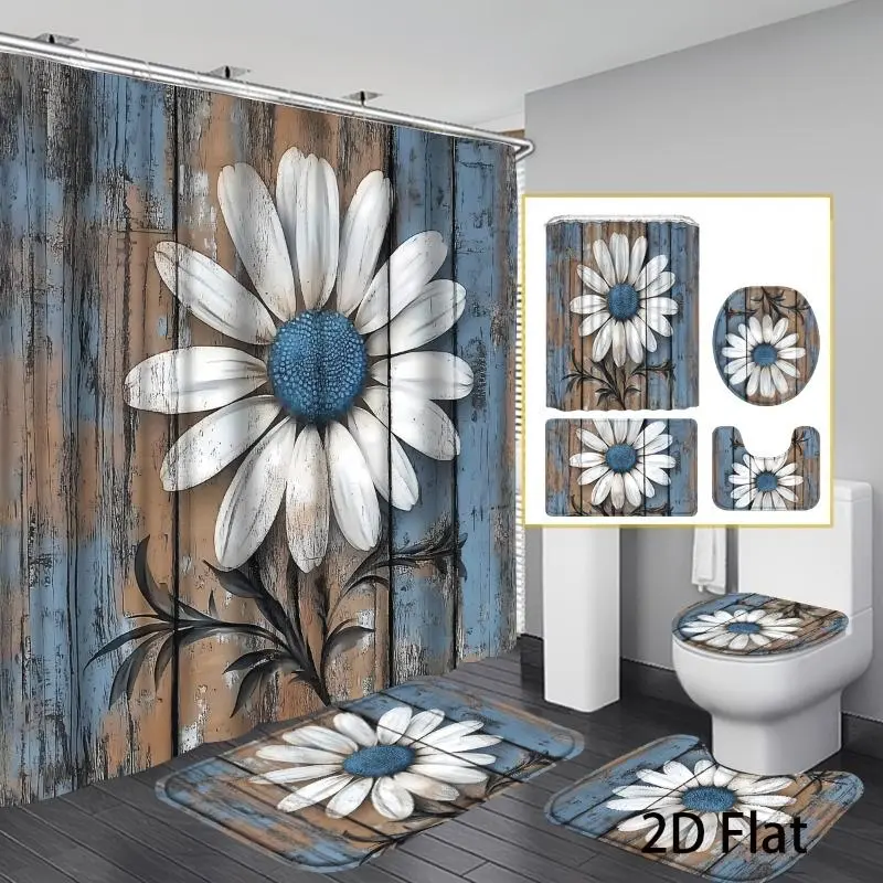 Rustic Farmhouse Floral Shower Curtain Set (1/4PCS) - White Daisy Wooden Board Design, American Country Style, Includes Bath Mat Set & 12 Hooks, Ideal for Bathroom Home Decor