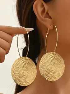 Women's Large Hammered Earrings, Bohemian Vintage Texture Disc Pendant Ear Jewelry, Fashionable Round Coin Earrings, Vacation Gift
