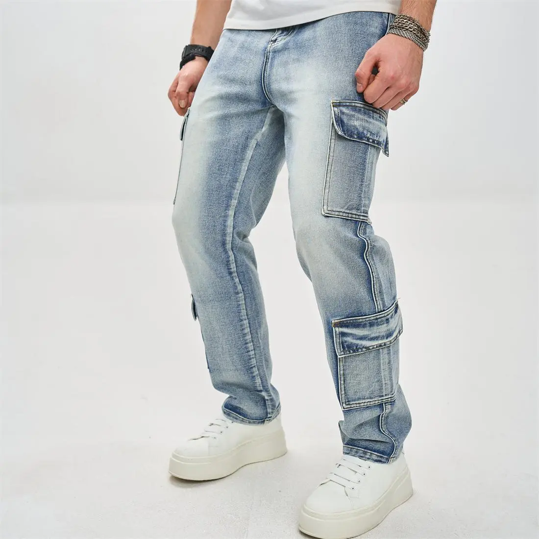 Menswear Plain Denim Bottom, Men's Loose Streetwear Cargo Straight Jeans - Multiple Pockets, Stylish Casual Carpenter Trousers, Pants, Cotton Material, Do Not Dry Clean