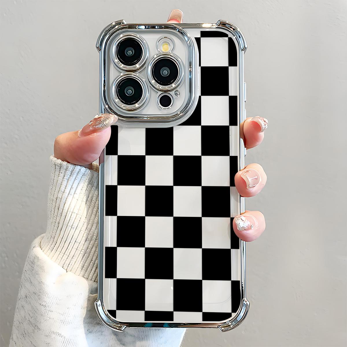 Black Checkered Pattern Phone Case , Electroplated Cover with Airbag Shockproof Slim Soft TPU Cover for iPhone X XS 11 12 13 14 15 16 17 Pro Max Plus Air Stylish