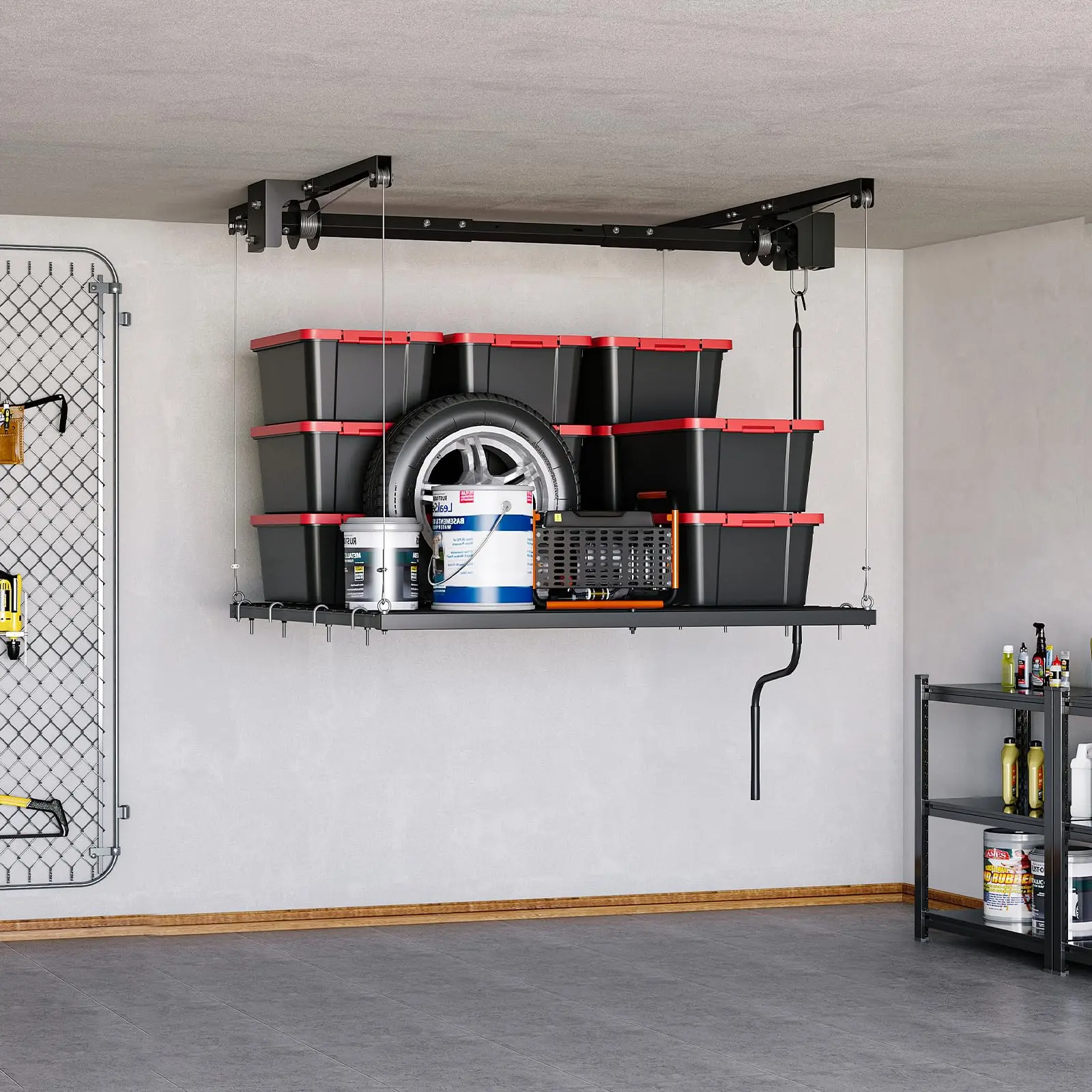 Heavy‑Duty Adjustable Ceiling‑Mounted Overhead Garage Storage Rack, 4×4 Ft, 250 Lbs Weight Capacity with Manual Safety Lock, Practical Garage Ceiling Organizer