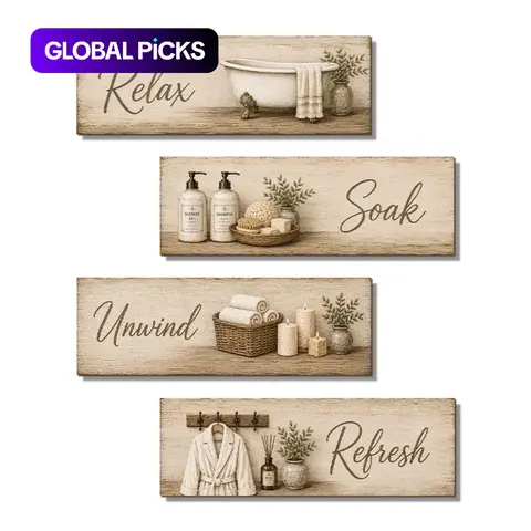 4pcs Vintage Bathroom Wood Wall Art, Relax Soak Hanging Decor, Home Decoration for Bedroom, Living Room, Office, No Drilling, Free Tape Included #GLOBAL PICKS
