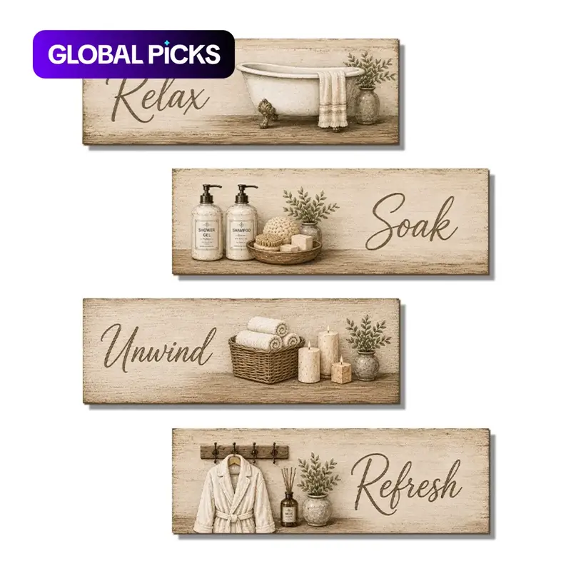 4pcs Vintage Bathroom Wood Wall Art, Relax Soak Hanging Decor, Home Decoration for Bedroom, Living Room, Office, No Drilling, Free Tape Included #GLOBAL PICKS
