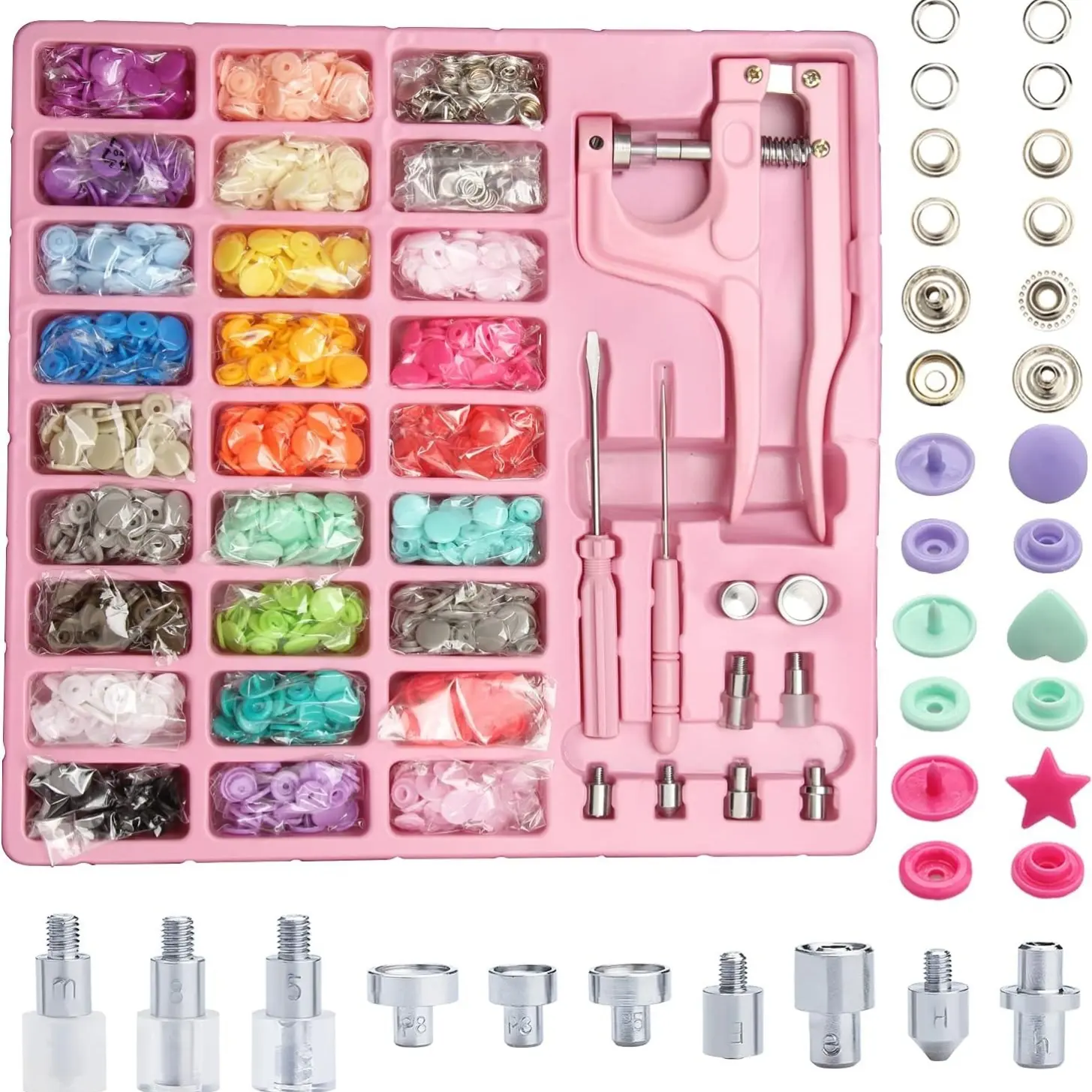 Plastic & Metal Snap Tool Kit for Sewing & Crafts - Includes Snap Pliers, 300 Fastener Sets, T3-T5-T8 Resin-Metal 4-Hole Button Installer & Portable Manual Press Pliers