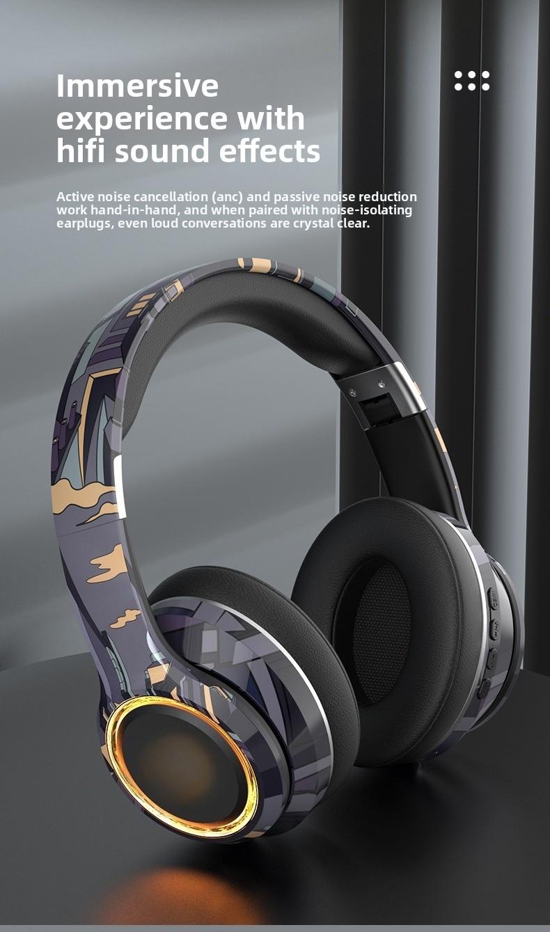 Luminous wireless over-ear Bluetooth headphones with SD card slot, noise cancellation, suitable for gaming and mobile phones.
