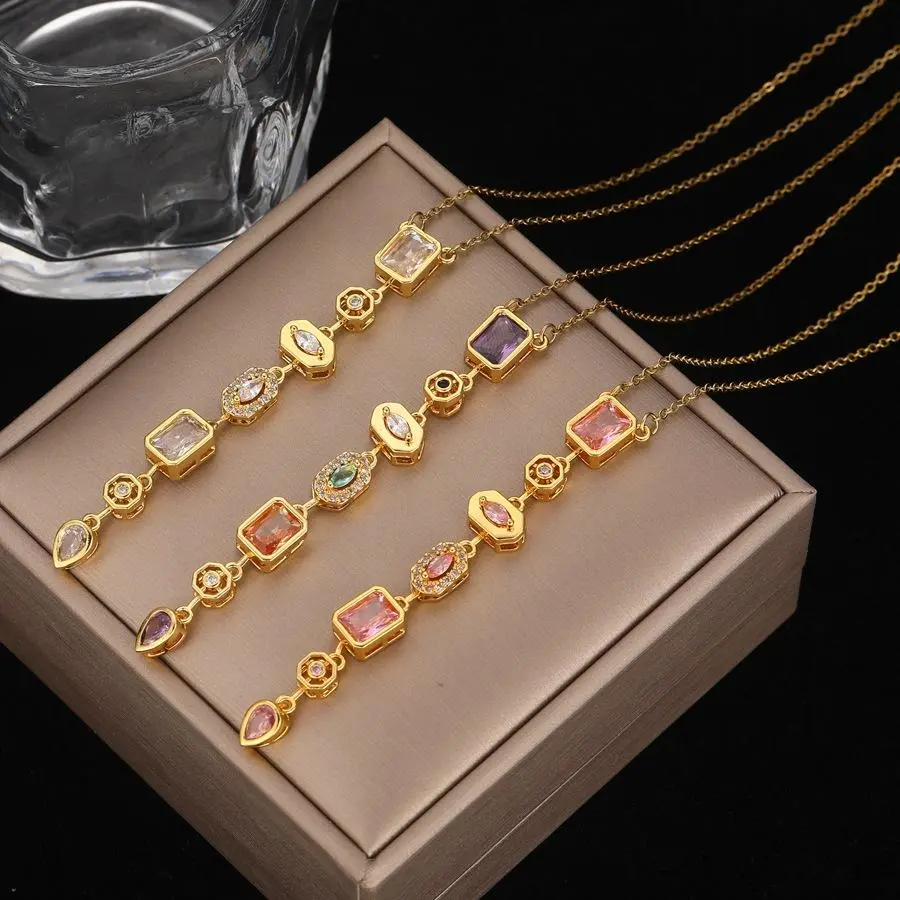 14K Gold Plated Exquisite Seven Chakra Necklace Long Chain, Dainty Y Necklace Lariat Drop Pendant Shiny Colorful Crystal Pendant Necklace Daily Vacations, Party Wear, Jewelry, Holiday Gift