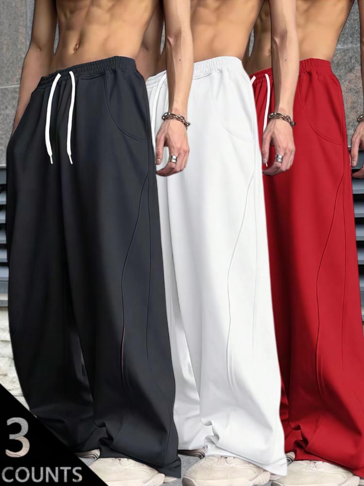 Y2K Men's 3-Pack Wide Leg Sweatpants - Black, Grey & Navy Blue - High Street Loose Fit Joggers with Drawstring Waist & Side Pockets - Lightweight Fabric - Perfect for Streetwear, Casual, Daily Wear - S-3XL Sizes