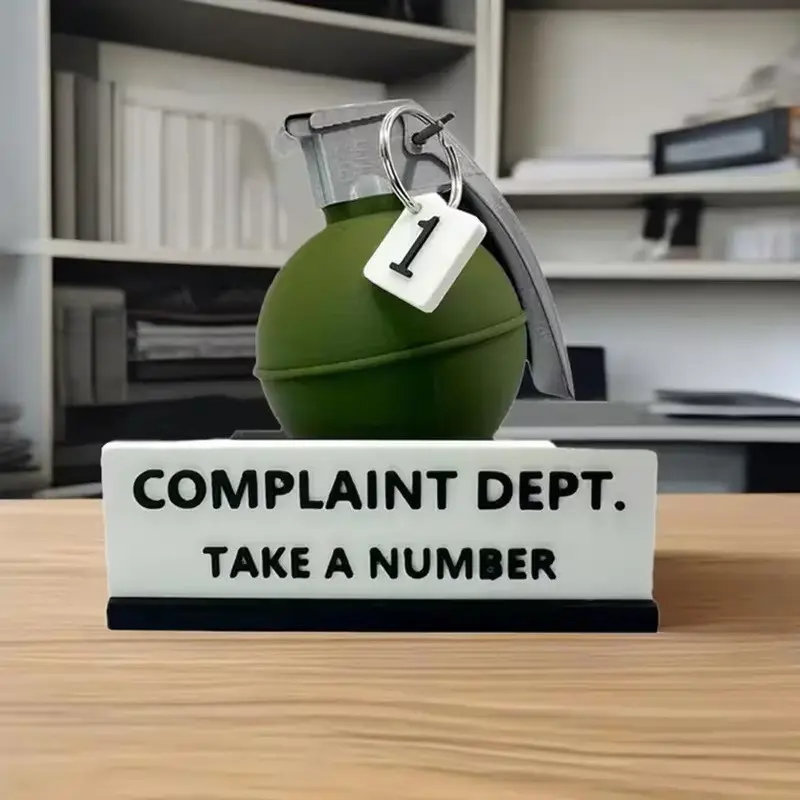 1pc 2026 New 3D Printed Decorative Item, Complaint Department Grenade Desk Sign, Creative Handmade Model, Unique Office Accessory, Desk Signs Ornament, Creative Desktop Decoration, Home Office Decoration