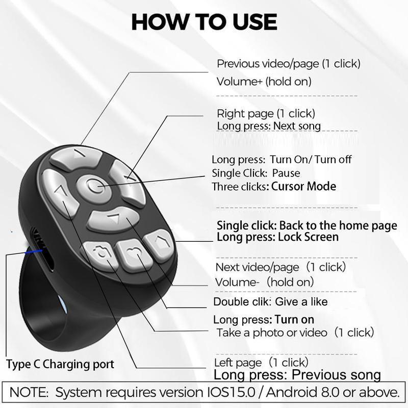 Wireless Remote Control Ring, 1 Count Selfie Video Controller for Smartphone, Automatic Page Turner for Various APP, Mobile Remote Control, Black