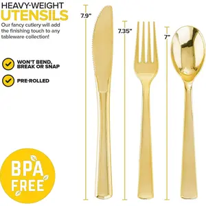 400PCS Pre Rolled Gold Plastic Silverware Sets - Heavy Duty Gold Cutlery - Include 100 Pack Wrapped Disposable Utensils with Napkins for Parties Dinners & Weddings