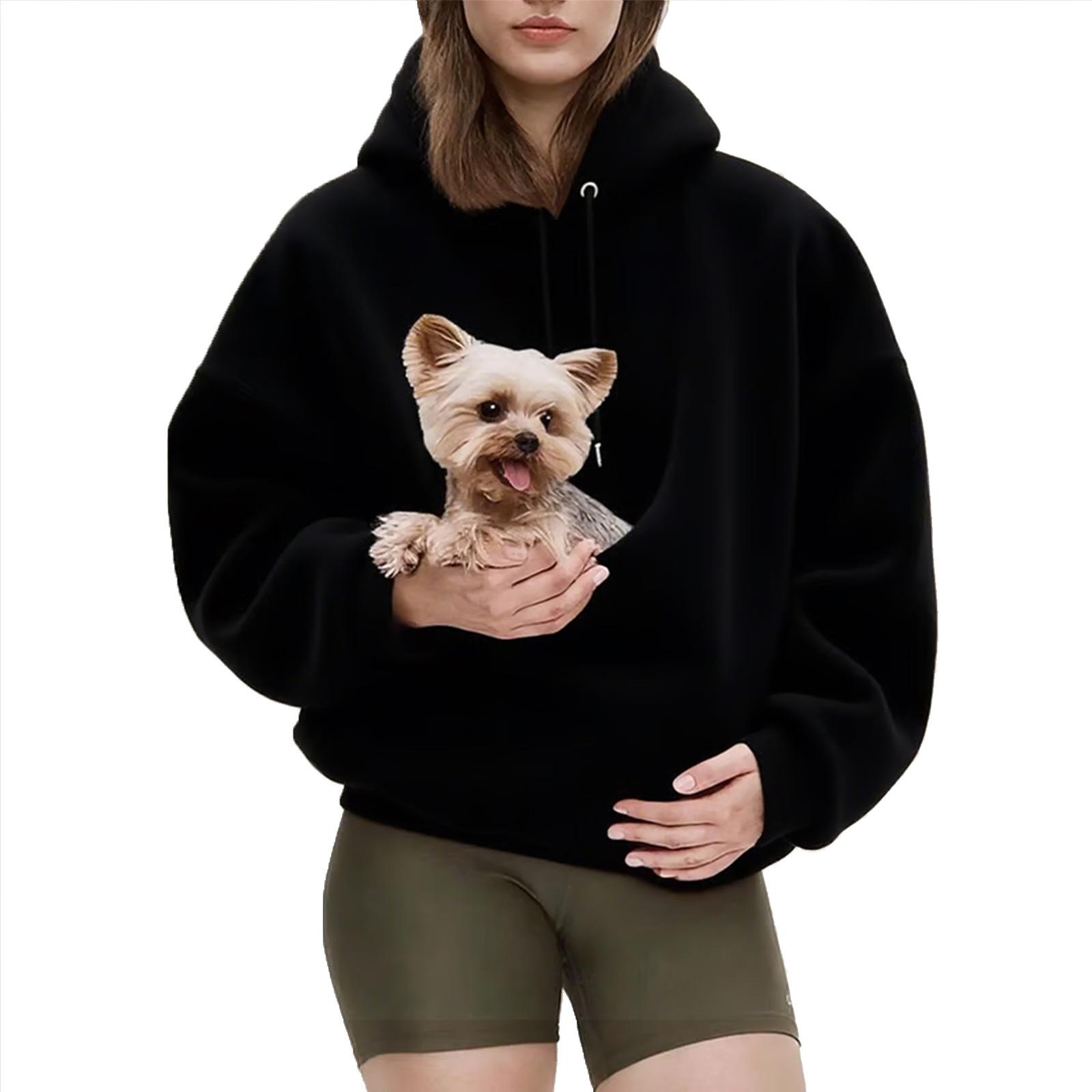 Autumn and Winter Solid Color Hooded Plush Pet Pocket Loose Pullover Sweatshirt for Women Fashionable Warm Cold Resistant Polyester,Gift