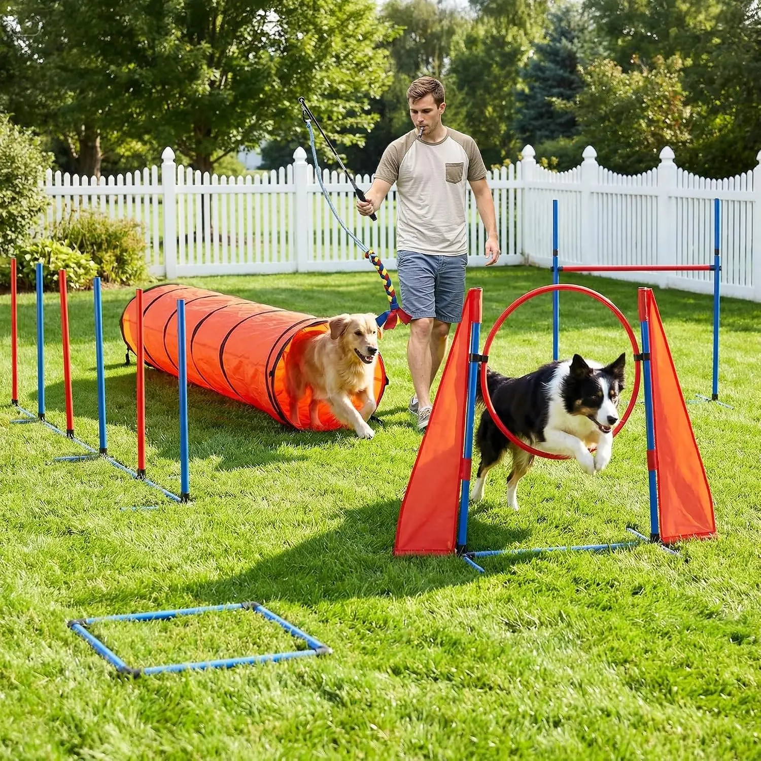 Dog Agility Accessories Kit: Comprises of a Teaser Pole, 2 Hurdles, 6 Weaving Poles, Agility Tunnel, Pause Box, Full Set of Agility Equipment for Backyard Indoors Outdoors