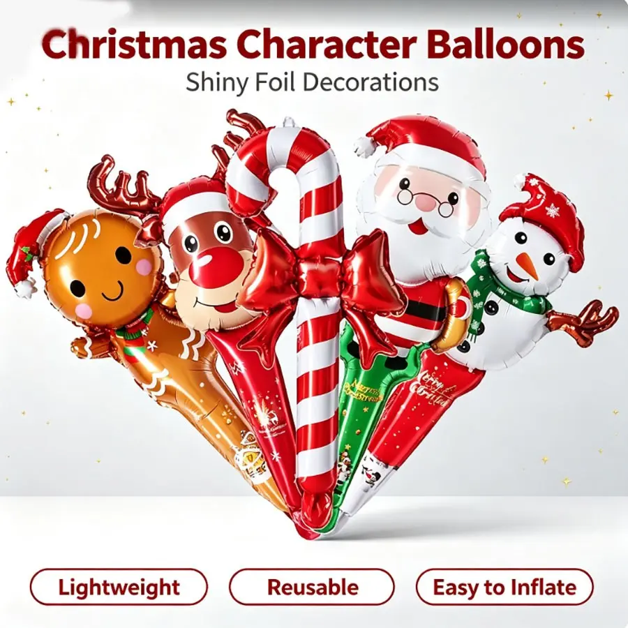 5pcs Christmas Handheld Balloon Decorations, Aluminum Foil Balloons for Holiday Setup, Reindeer Santa Snowman Tree Balloons, Small Gifts