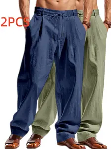 2pcs Men's Linen Wide Leg Loose Fit Drawstring Side Pockets Lightweight Breathable Daily Wear Straight Leg Long Pants