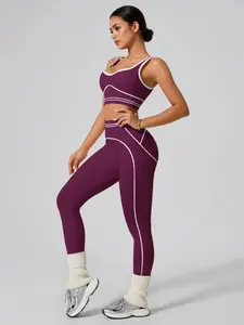 Women's Seamless Knitted Bra Top and High-Waist Tight Pants Set, Fashionable Plain Design, Suitable for All Seasons, Yoga and Running