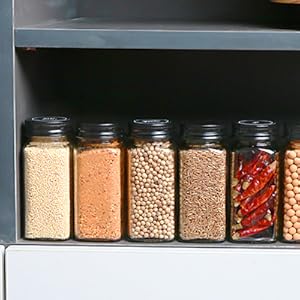 24pcs Spice Jars with180 Labels,Glass Spice Jars, Seasoning Containers,Seasoning Organizer,Include black metal lid, pen, grinder, stainless steel funnel, two type inner plugs