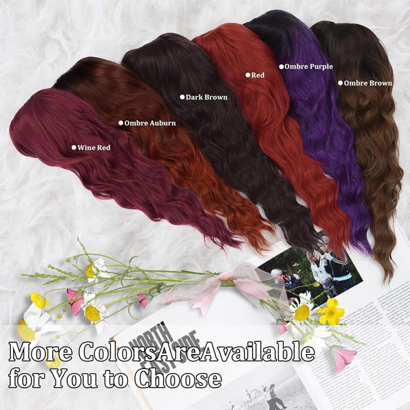 Purple Wig With Bangs Black and Purple Wigs for Women Long Curly Wavy Wig with Dark Roots Heat Resistant Synthetic Ombre Wigs for Women Daily Party Use (26 Inches)
