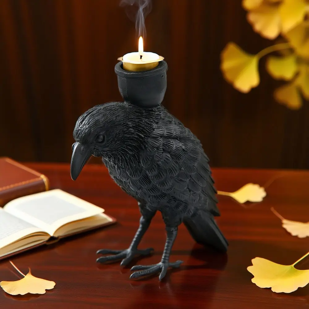 1pc Black Crow Resin Candle Holder for Halloween, Ghost Festival Scene Layout Decor Prop, Home Desktop Craft Ornament, Candlestick Holders
