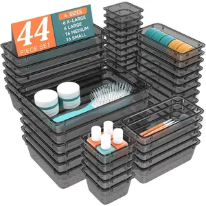 44 PCS Clear Plastic Drawer Organizer Set, 4 Varied Size storage Bins and Desk Drawer Organizer tool Trays for Makeup, Gadgets, Jewelry and Utensils in Bathroom, Bedroom and Office, Clear Black