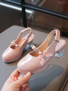Girls' Pearl Rhinestone Bow Slip-On Shoes, Anti-Slip Low Heel, Metal Buckle, Party Style, All Seasons, Light Luxury Princess Look