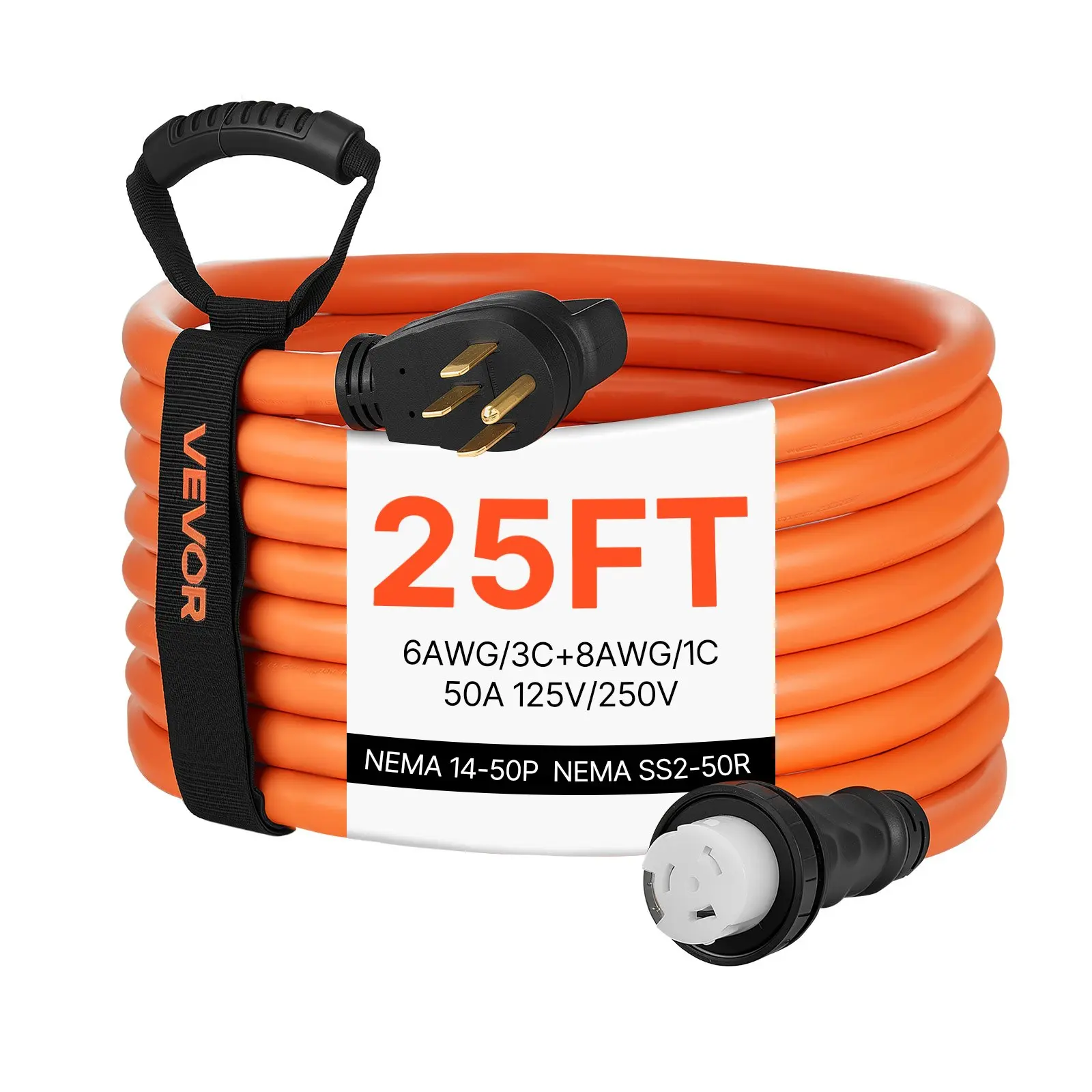 【toolupgrade】VEVOR 50 Amp Generator Cord, 25 Feet, 125/250V RV Power Cord NEMA 14-50P to SS2-50R with Twist Lock, Grip Handle, Heavy Duty 6AWG/3+ 8AWG/1 Generator Cable, for RV Camper Generator to House, Orange