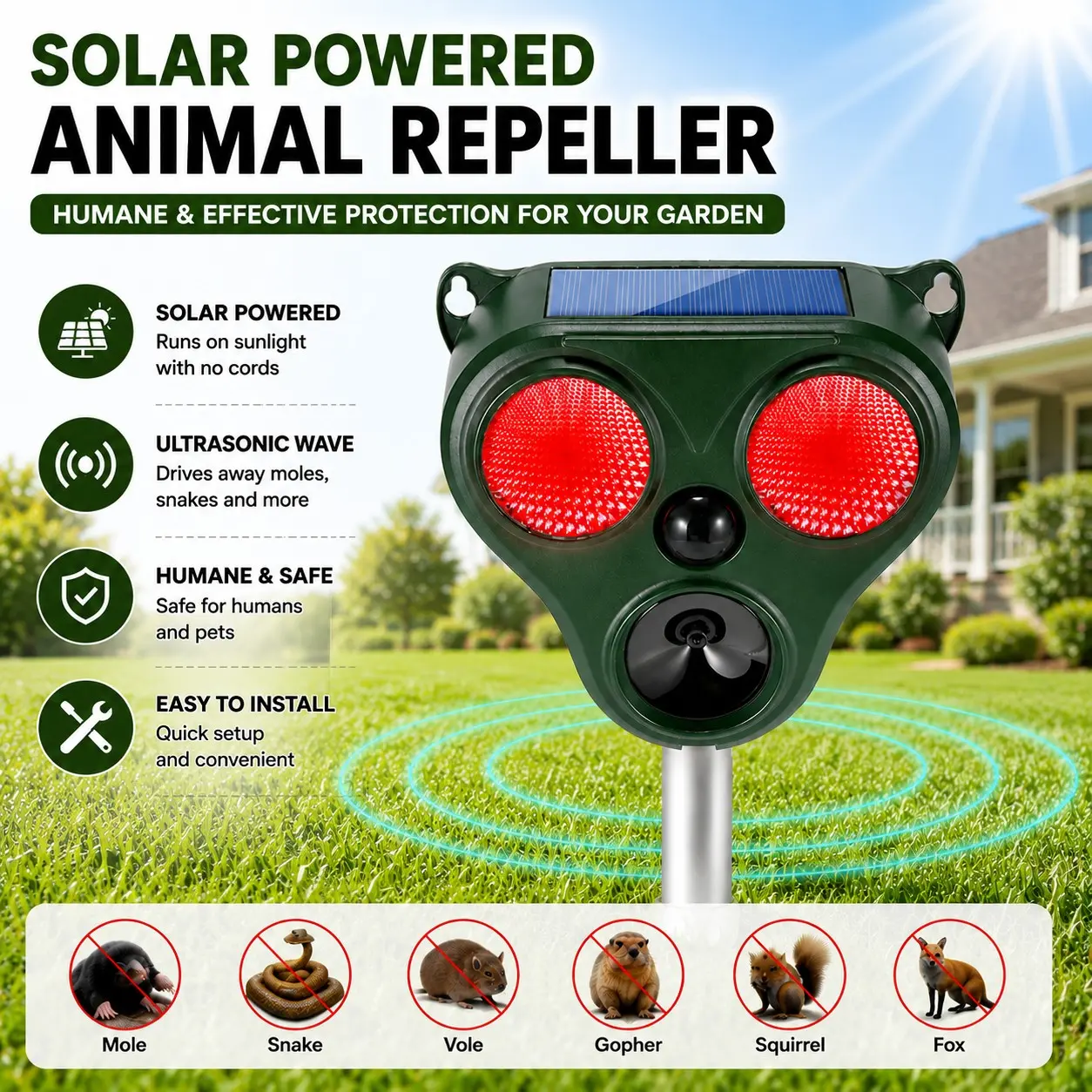 Multifunctional Weatherproof Animal Repeller LED Flashing + Alarm + Ultrasonic Deterrent, Solar Panel and USB Charging, Rechargeable Repeller, Model Xinghao Sjz-201