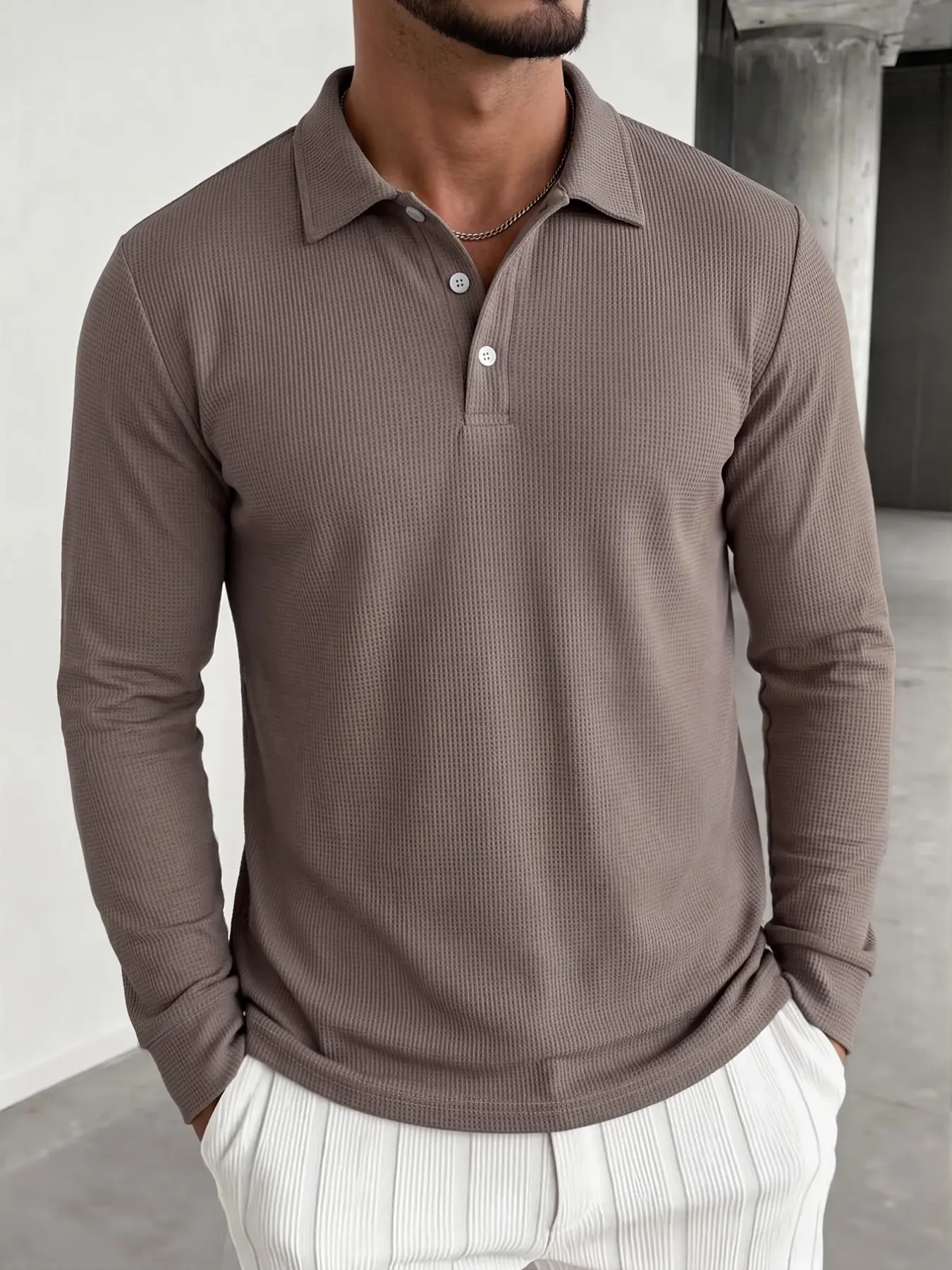 New Men's Spring Fall Waffle Fabric Polo Shirt, Fitted Long Sleeve Solid Collar Top, Casual Office Beach Wear, Lightweight Comfortable Design, Textured Polo Shirts