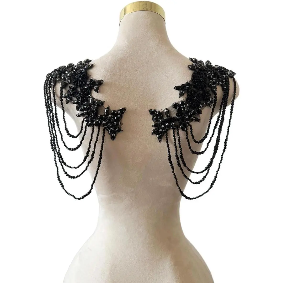 Women's Sew-On Beaded Rhinestone Epaulet Shoulder Patch Set (1 Pair), 9.8x10.2in Black Diamond Sequin Tassel Applique for Wedding Dress DIY Clothes Accessories