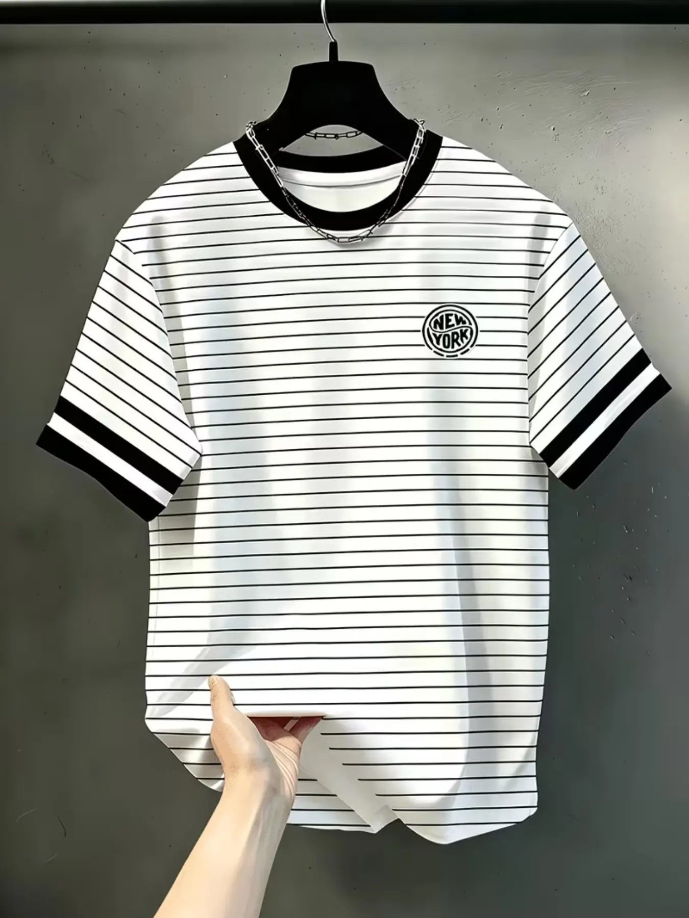 Men's Casual T-Shirt, 3D Print, Polyester Knit, Slight Stretch, Colorblock Design, Striped, Round Neck, Short Sleeve, Streetwear, Menswear