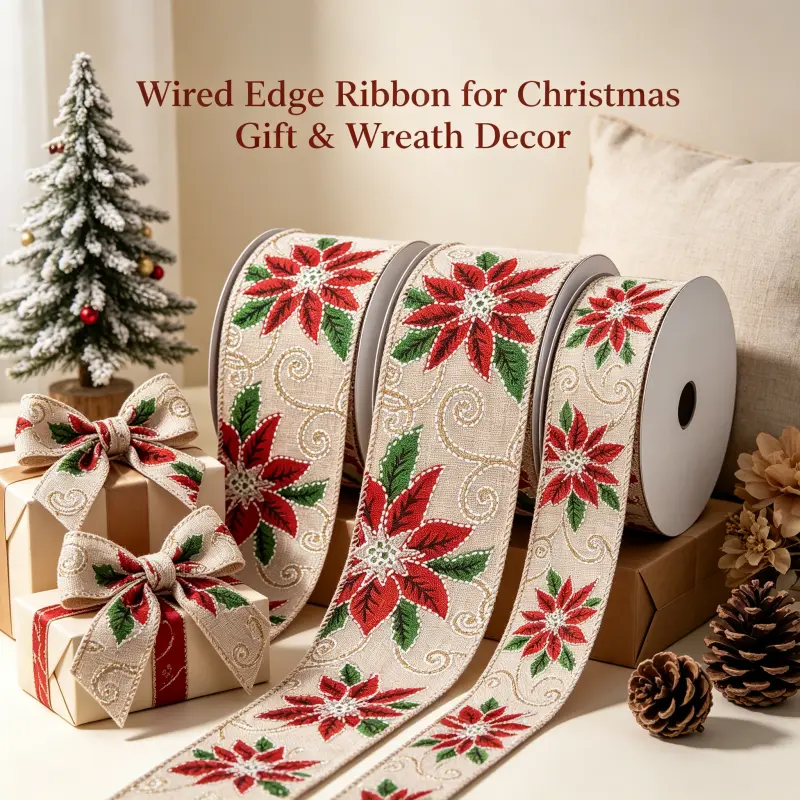 Christmas Essential Poinsettia Wired Ribbon 10Y/Roll, Burlap Floral Ribbon for Holiday Gift Decor