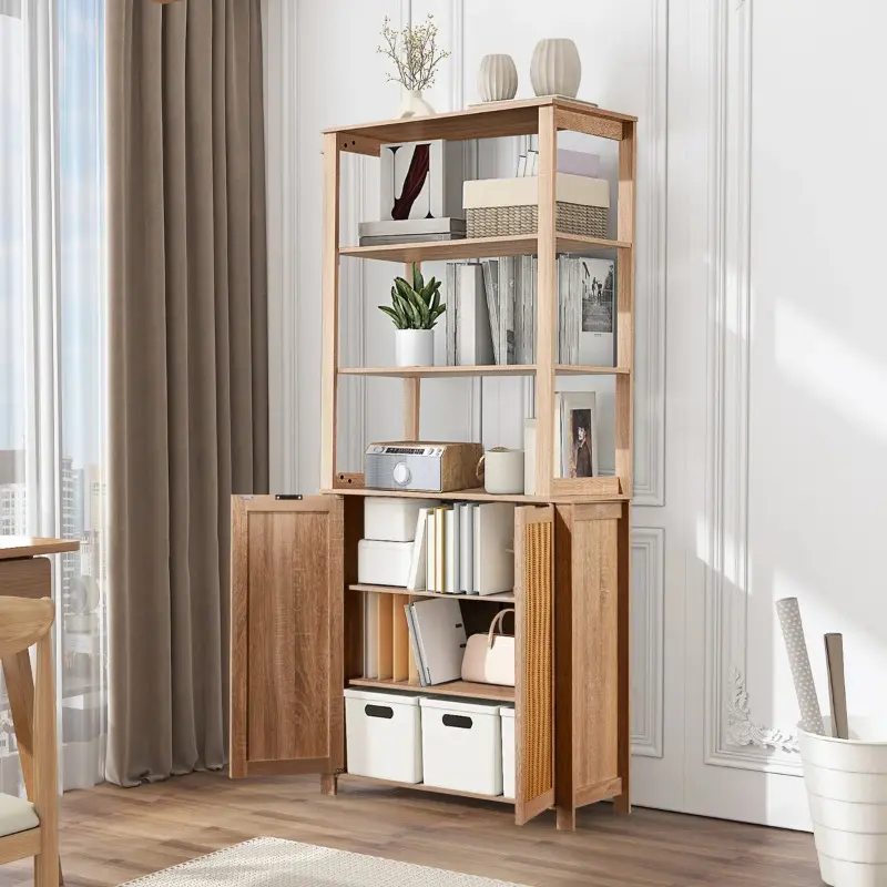 71" Rattan Bookcase with Cabinet - Heavy Duty Freestanding 3-Tier Bookshelves, Open Display Storage for Living Room & Study